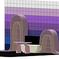Round Table With Pink Decorations Against Purple Blue Gradient Wall And Curved Structures 3d model