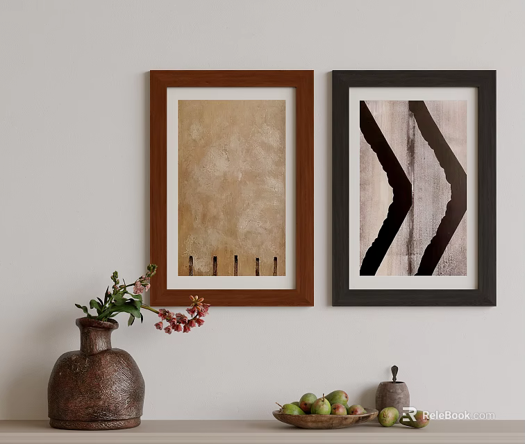 Abstract Art Paintings In Frames On Wall With Decor Elements 3d model