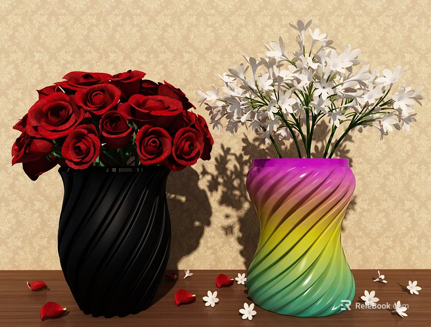 Black Swirl Vase With Red Roses And Rainbow Swirl Vase With White Flowers On Tabletop 3d model 