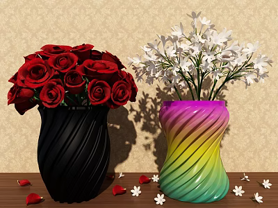 Black Swirl Vase With Red Roses And Rainbow Swirl Vase With White Flowers On Tabletop 3d model