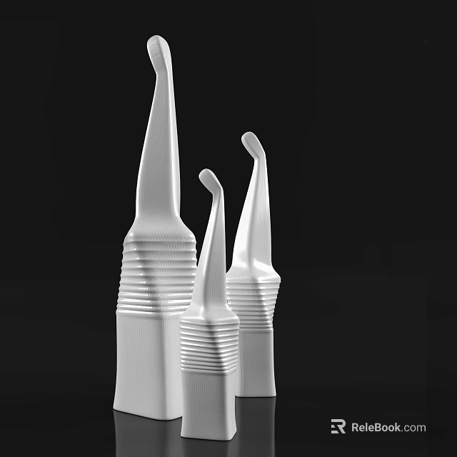 White Ceramic Vessels with Modern Design Slender Necks and Striped Texture on Black Background 3d model 