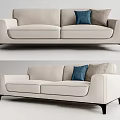 Cream Colored Two Seater Sofa with Blue and Beige Cushions and Black Legs Modern Design