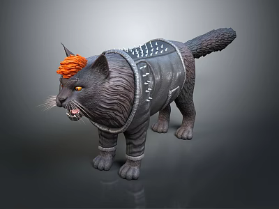 Fierce Cat With Orange Hair In Spiked Black Leather Armor And Yellow Eyes 3d model