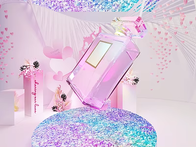 Pink Crystal Perfume Bottle With Sparkling Decor Heart Shapes And Floral Accents 3d model