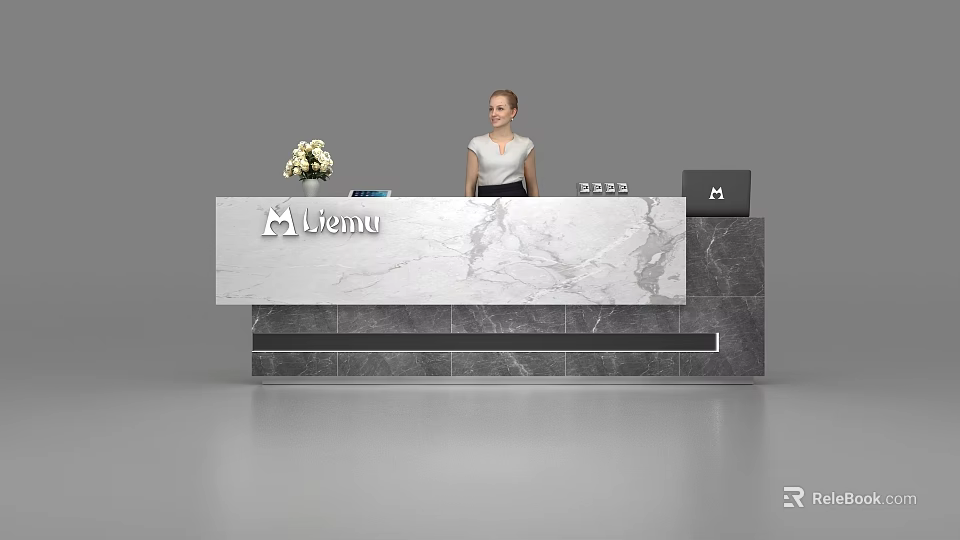 Modern Reception Desk with Marble Countertop Mlemu Logo Flower Arrangement and Receptionist 3d model 