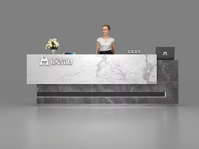 Modern Reception Desk with Marble Countertop Mlemu Logo Flower Arrangement and Receptionist 3d model