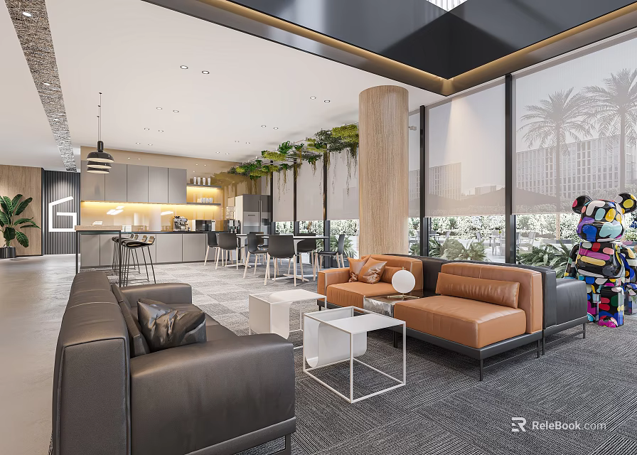 Modern Break Room Interior With Leather Sofa Coffee Tables Green Plants And Large Windows 3d model 