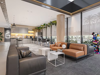 Modern Break Room Interior With Leather Sofa Coffee Tables Green Plants And Large Windows 3d model