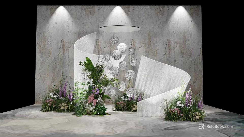 Elegant Modern Banquet Hall Interior With Spiral Structure Floral Displays Spotlights And Circular Decor 3d model 