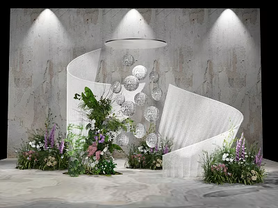 Elegant Modern Banquet Hall Interior With Spiral Structure Floral Displays Spotlights And Circular Decor 3d model