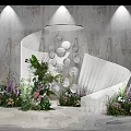 Elegant Modern Banquet Hall Interior With Spiral Structure Floral Displays Spotlights And Circular Decor