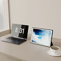 Modern Laptop And Tablet On White Desk With Coffee Cup And Window Blinds