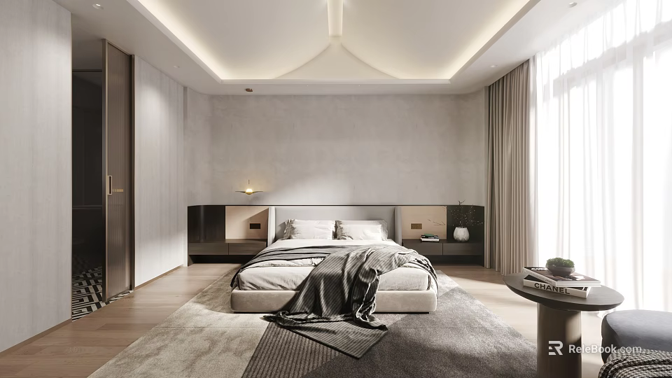 Modern Minimalist Bedroom Interior With Large Bed Area Rug And Curtains 3d model 