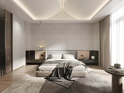 Modern Minimalist Bedroom Interior With Large Bed Area Rug And Curtains 3d model