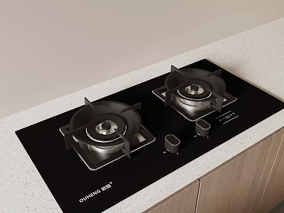 Black Glass Gas Stove Cooktop With Two Burners On Light Countertop And Wooden Cabinets 3d model