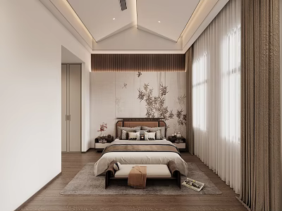 Elegant Modern Bedroom Interior Design With Floral Headboard Wall Wooden Flooring And Curtains 3d model