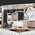Modern Exhibition Booth Design With Tables Chairs Display Area And Brand Signage