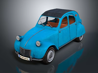 Vintage Blue Classic Car With Black Roof Round Headlights And Retro Design 3d model
