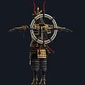 Traditional Samurai Warrior In Black Armor With Golden Accents Red Headgear And Circular Back Ornament 3d model