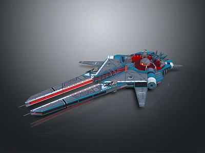 Futuristic Sci Fi Spaceship Featuring Blue Red Color Metallic Body Complex Wings And Engine Details 3d model