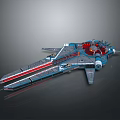 Futuristic Sci Fi Spaceship Featuring Blue Red Color Metallic Body Complex Wings And Engine Details