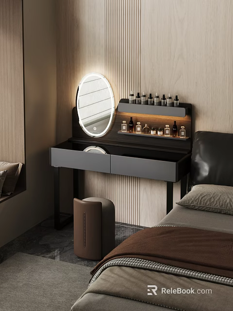 Modern Dressing Table With Lighted Round Mirror Cosmetic Bottles And Drawers In Bedroom 3d model 