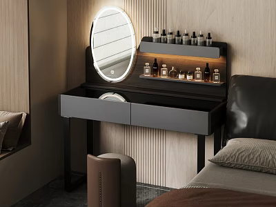 Modern Dressing Table With Lighted Round Mirror Cosmetic Bottles And Drawers In Bedroom 3d model