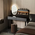 Modern Dressing Table With Lighted Round Mirror Cosmetic Bottles And Drawers In Bedroom