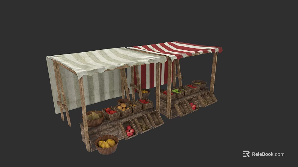 Market Stalls With Red And White Striped Awnings Displaying Fresh Fruits And Vegetables 3d model 