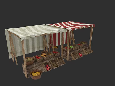 Market Stalls With Red And White Striped Awnings Displaying Fresh Fruits And Vegetables 3d model