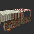 Market Stalls With Red And White Striped Awnings Displaying Fresh Fruits And Vegetables
