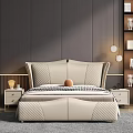 Modern Textured Headboard Background Double Bed With Nightstand Lamp And Curtains