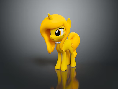 Yellow Cartoon Pony Toy With Long Hair Horn And Shiny Reflection 3d model