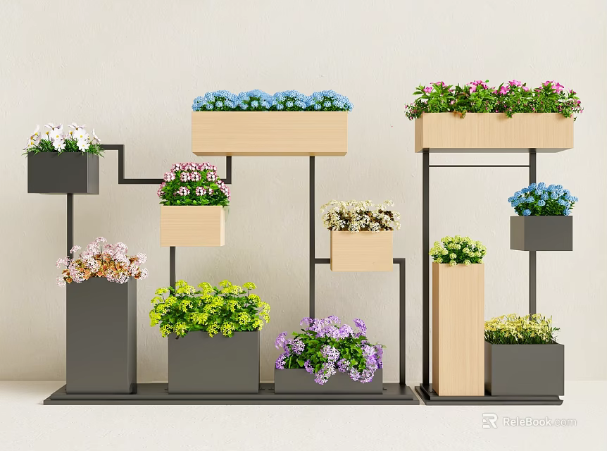 Colorful Indoor Flower Display With Various Plants In Different Decorative Pots And Stands 3d model 