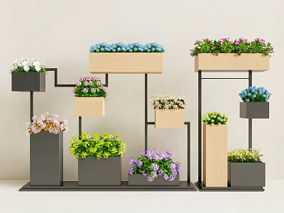 Colorful Indoor Flower Display With Various Plants In Different Decorative Pots And Stands 3d model