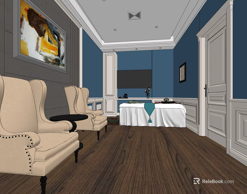 Luxurious SPA Sauna Interior With Blue Walls Comfortable Chairs And Wooden Flooring 3d model 