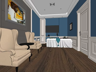 Luxurious SPA Sauna Interior With Blue Walls Comfortable Chairs And Wooden Flooring 3d model