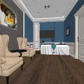 Luxurious SPA Sauna Interior With Blue Walls Comfortable Chairs And Wooden Flooring