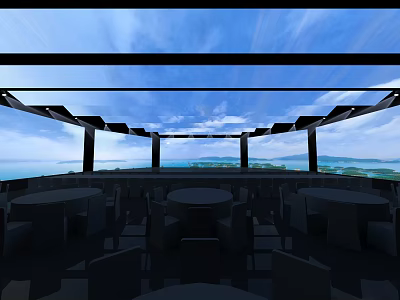 Exhibition Entrance with Transparent Ceiling and Large Windows Overlooking Sea View and Green Islands 3d model