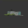 Abandoned Building Ruins With Broken Walls Peeling Paint Tree Stump And Green Plants