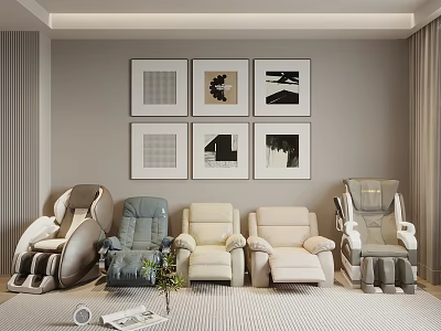 Various Style Massage Chairs In Modern Space With Decorative Wall Art And Small Plant 3d model