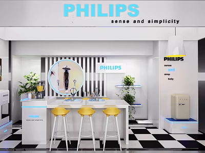 Modern PHILIPS Showroom Interior With Bar Counter Yellow Stools And Appliances 3d model