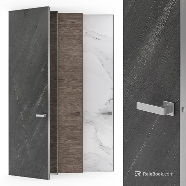 Contemporary Swing Door Design Featuring Wooden Panel Marble Texture And Sleek Metal Handle 3d model 