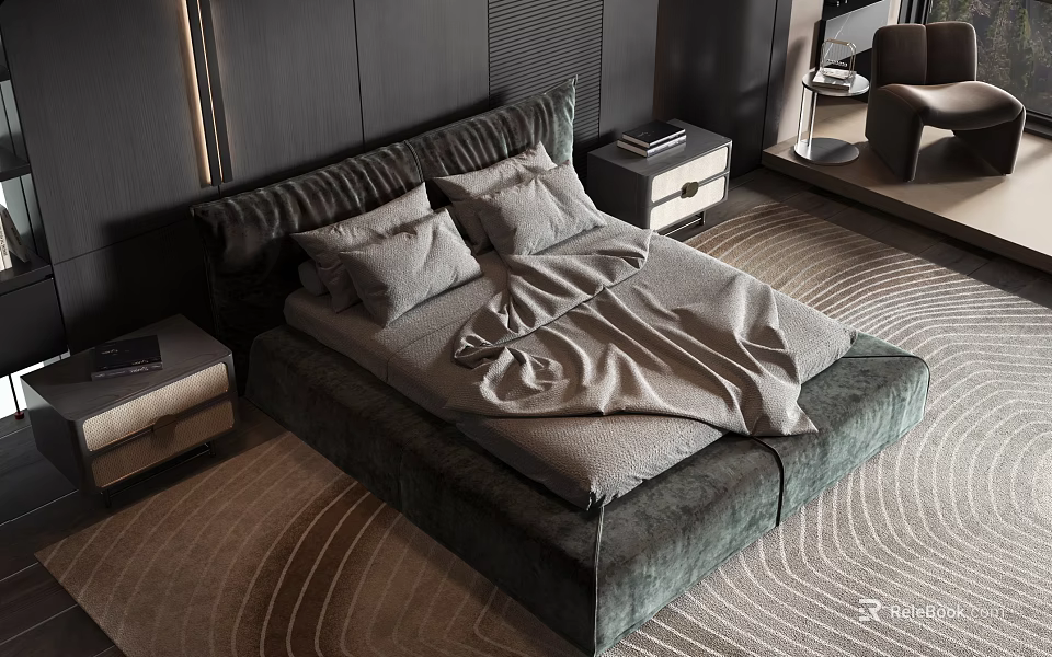 Modern Double Bed With Upholstered Headboard Gray Bedding Nightstand Dark Wall And Rug 3d model 