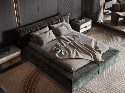 Modern Double Bed With Upholstered Headboard Gray Bedding Nightstand Dark Wall And Rug 3d model