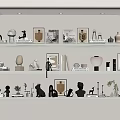 Modern Decorative Ornaments Set On Display Shelves With Sculptures Vases Photo Frames And Books