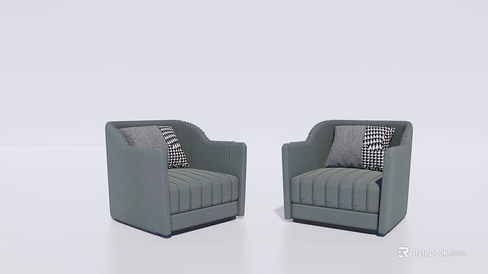 Gray Striped Single Sofas With Plaid And Solid Cushions In Pair Design 3d model