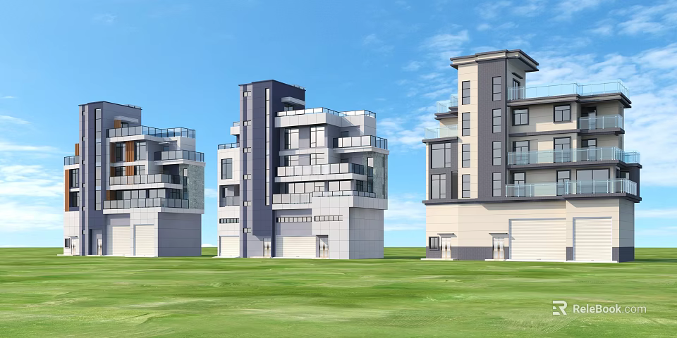Modern Residential Buildings With Multiple Balconies Green Lawn And Blue Sky Exterior 3d model 