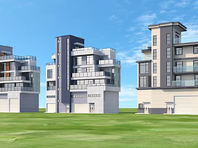 Modern Residential Buildings With Multiple Balconies Green Lawn And Blue Sky Exterior 3d model