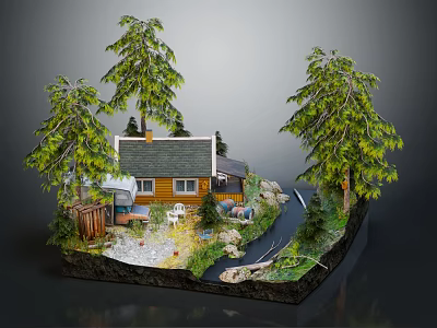 Cartoon Scene With Cozy Cabin Pine Trees Patio Furniture Rocks And Path 3d model